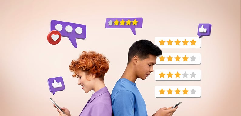 a man and woman looking at their cell phones