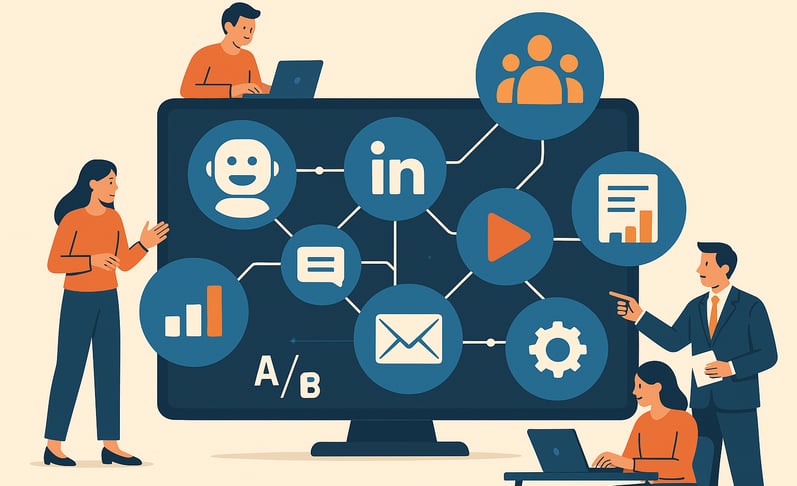 Business team analyzing B2B lead generation strategy on digital dashboard.