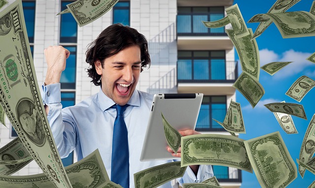 Happy man with lots of money