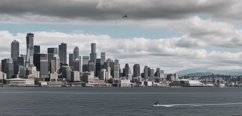 a view of Seattle Washington from the ferry of the port of Seattle
