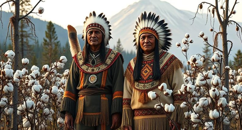 two men in native american indian clothing standing in a cotton field