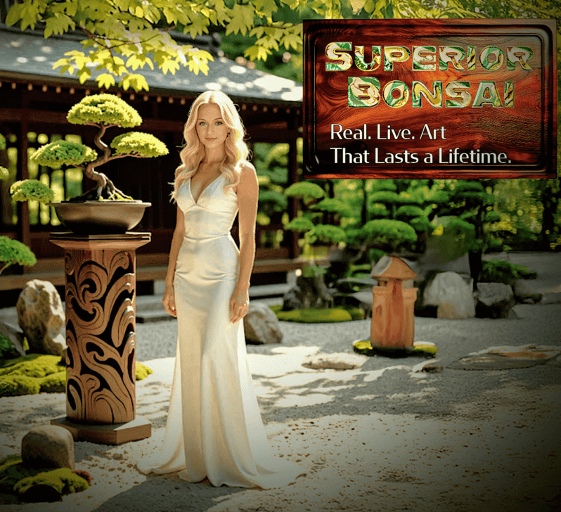 Daughter Bella helping model for Superior Bonsai Store's brand image.  Image of logo and tagline.
