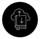 Icon white outline on black, with a book and multiple arrows and cloud.