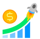 a rocket launching over bar graph representing growth over time with a dollar coin at the top corner.