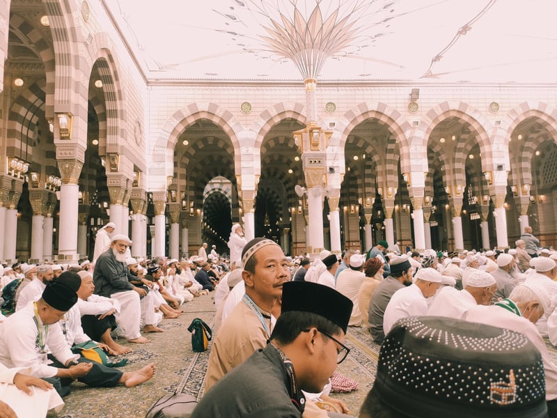 Interior of Masjid Nabawi with majestic pillars
