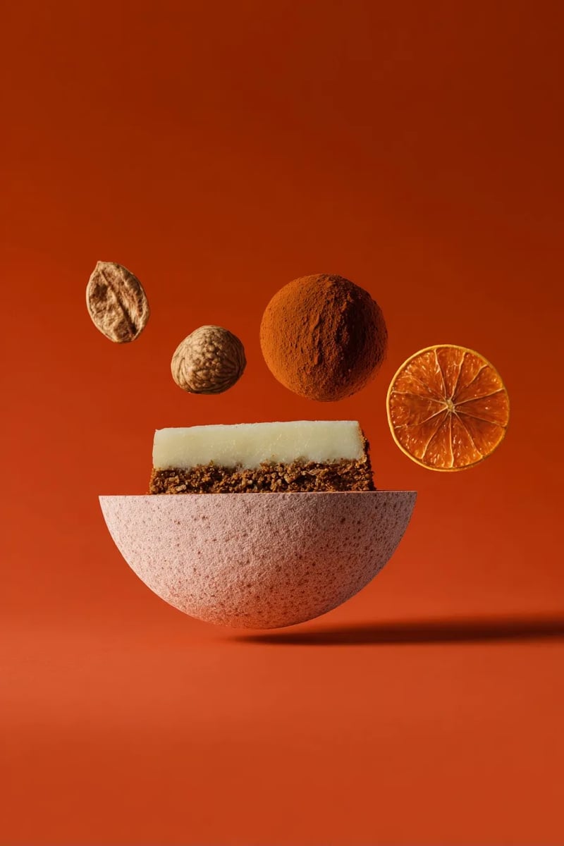 Bodegón de postre con cítricos sobre fondo naranja, fotografía con IA por Josu Izarra