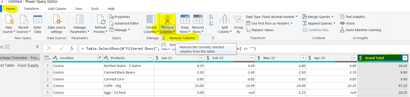 remove unwantade columns in power query