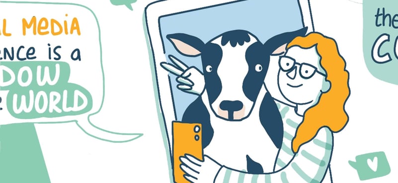 a woman making a selfie with a cow
