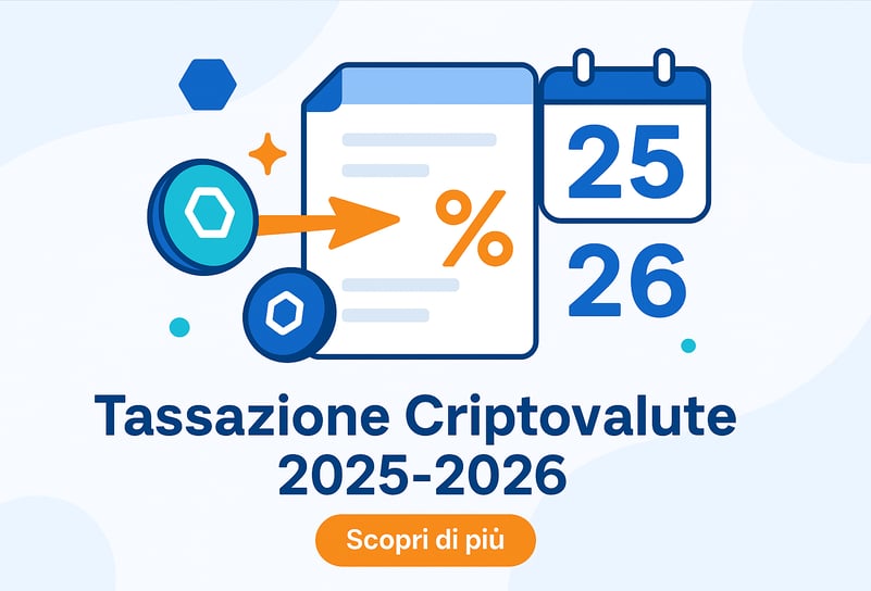 semplificazione cripto attività, simboli astratti di token digitali, documenti stilizzati e icone fiscali