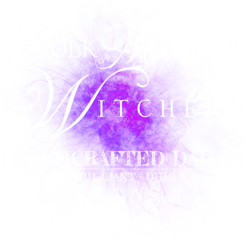 a purple and white text that says 'folk magic and witchcraft supplies handcrafted daily'
