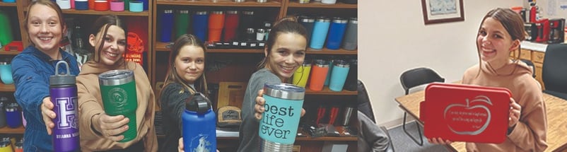 a woman holding drinkware and a woman holding a cake pan