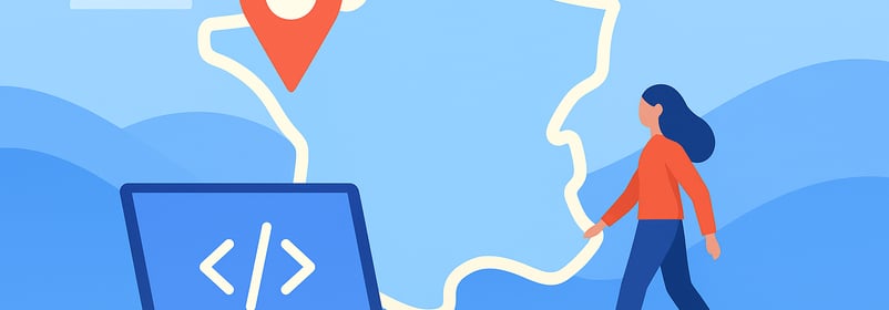 Illustration représentant une carte de France avec un point de localisation, une personne marchant v
