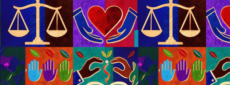 Collage de símbolos que representan valores y pasiones personales.