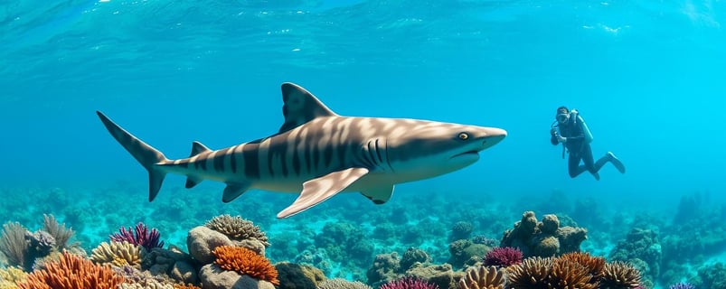 a shark shark in the ocean with a diver in the background