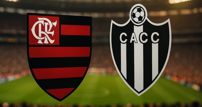Escudos do Flamengo e Central Córdoba em destaque , sobre o gramado de um estádio