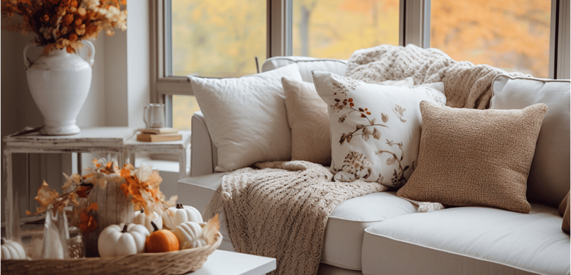 a couch with pillows and a throw on it