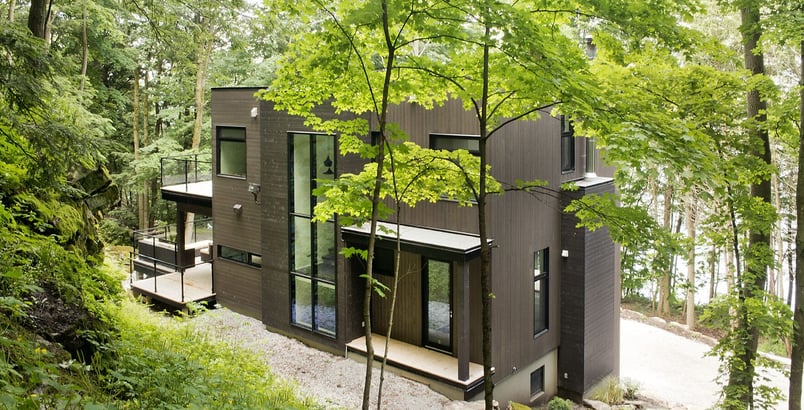 a house with a large tree in the middle of a wooded area, the exterior of Lakefront/Lake Champlain