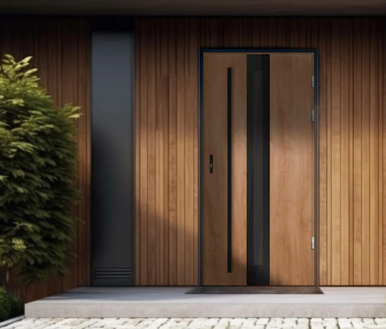a door with a wooden door and a door handle