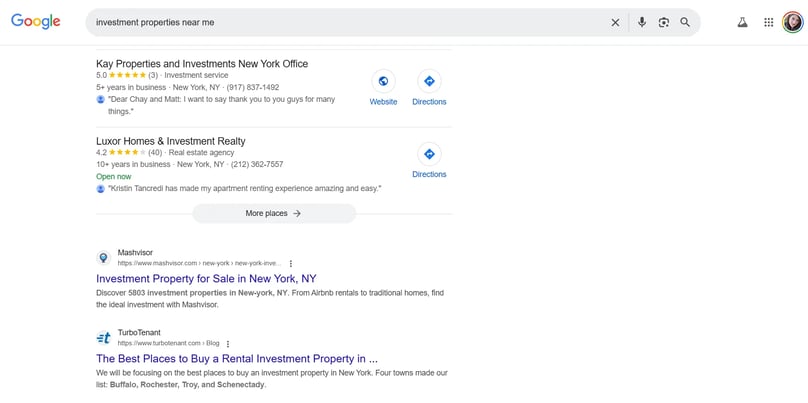 A screenshot of a search for investment properties near me, highlighting the importance of local SEO