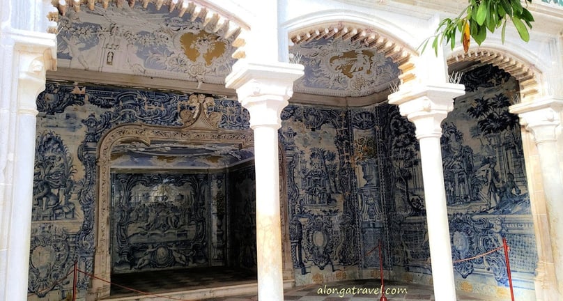 blue tile panels with scenes in Grotto of the Baths in Sintra National Palace