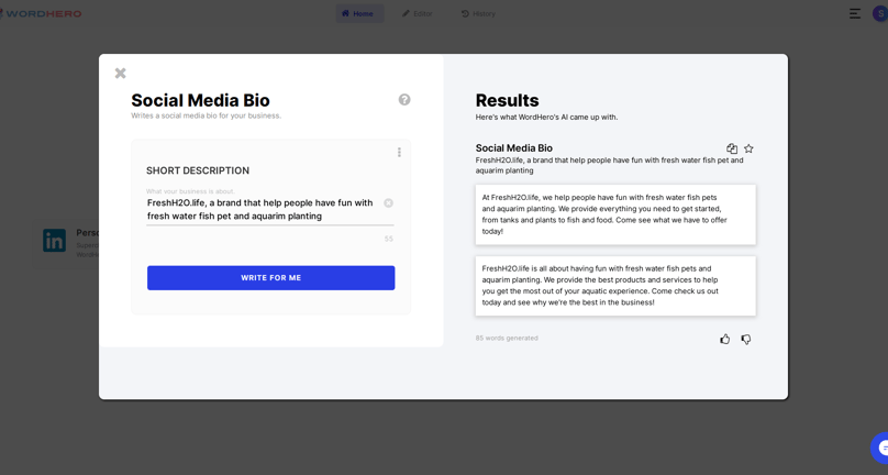 social media bio -WordHero AI