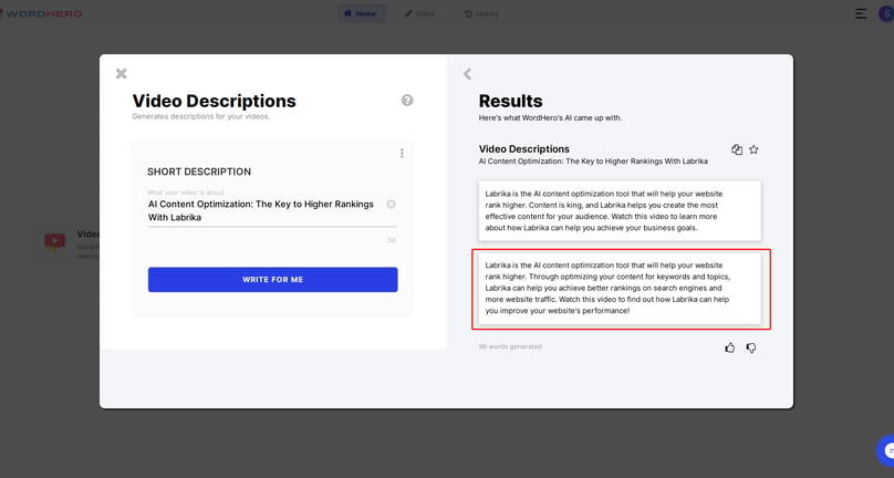 video descriptions - Wordhero AI
