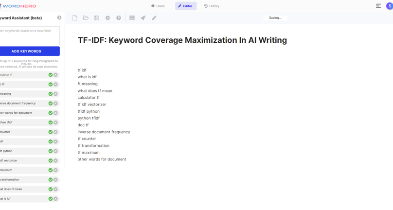 Wordhero keyword list of content outline