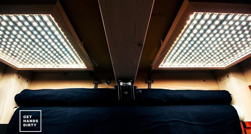 Led lights making a squared panel in the loft bed ceiling.
