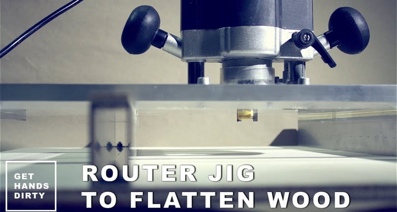 Image of a router with a jig installed in order to make wood flat in alternative to a planer.
