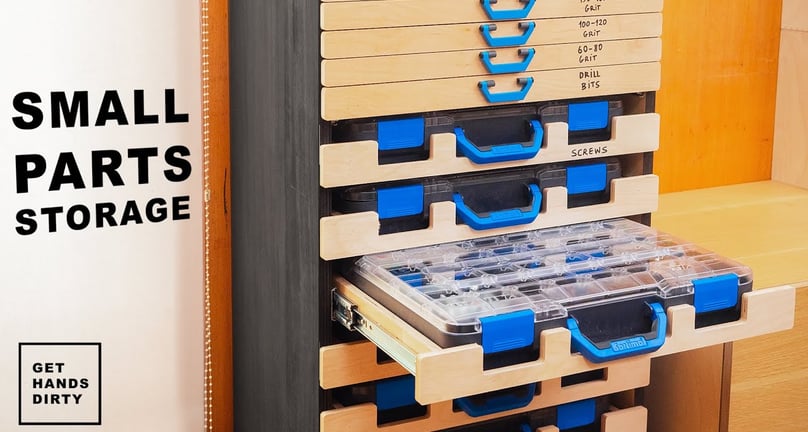 Small parts storage with loads of racks.