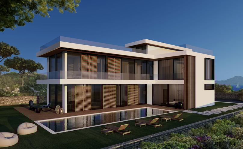 a house with a pool and a lawn