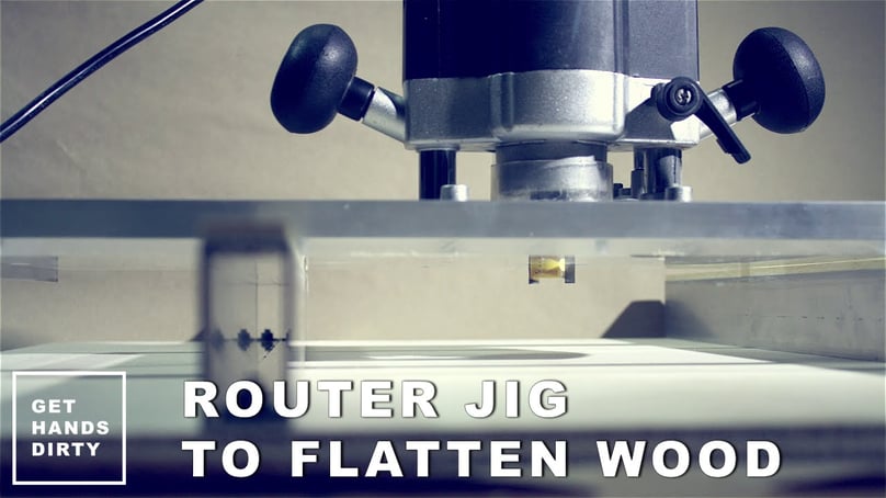 Image of a router with a jig installed in order to make wood flat in alternative to a planer.