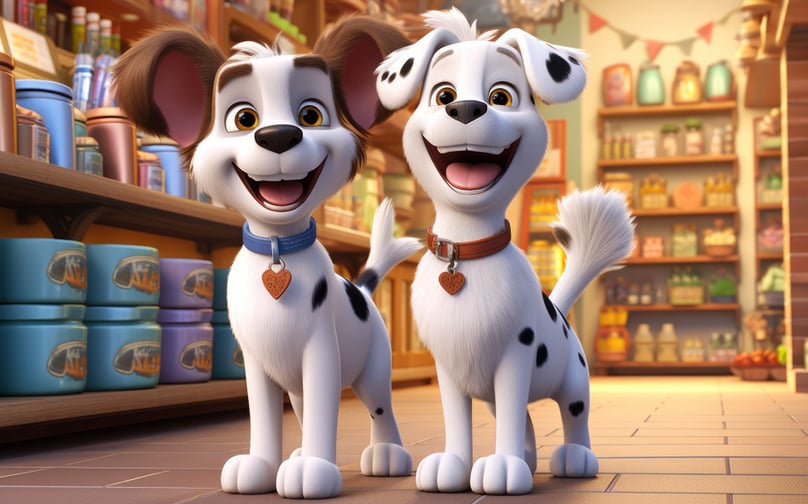two dogs are standing next to each other in a store