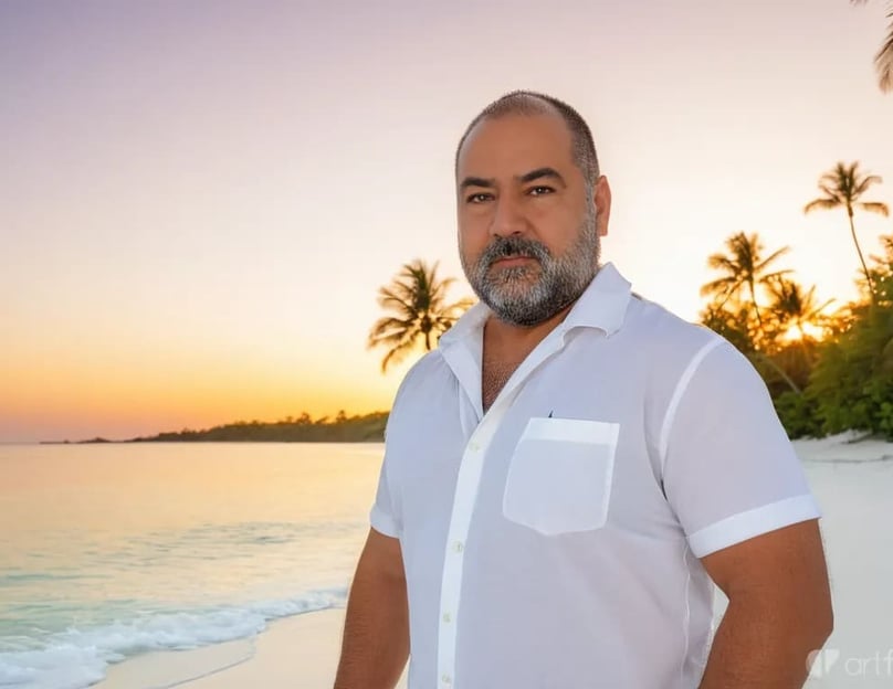 Fundador de Aretística en la playa al atardecer, transmitiendo calma, conexión espiritual y esencia