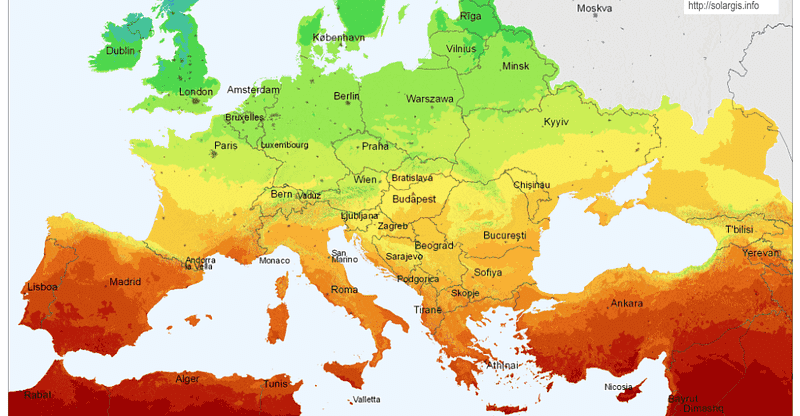 irradiation solaire horizontale en Europe
