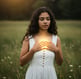 Woman with hands over heart, reflecting inner wisdom and healing potential