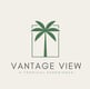A logo featuring a green palm tree enclosed within a rectangular frame. Below the palm tree, bold text reads 'VANTAGE VIEW,' 