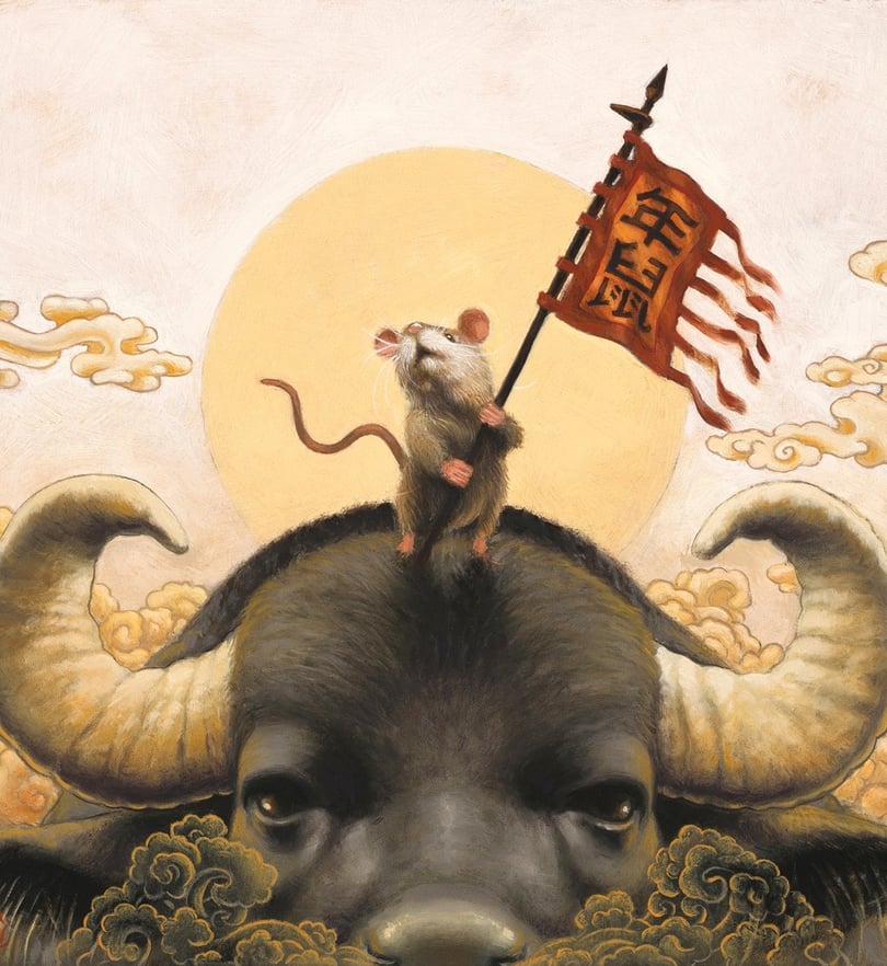 Chinese Zodiac year of the rat oil painting by Gabe Wells. Rat riding OX across the finish line. 