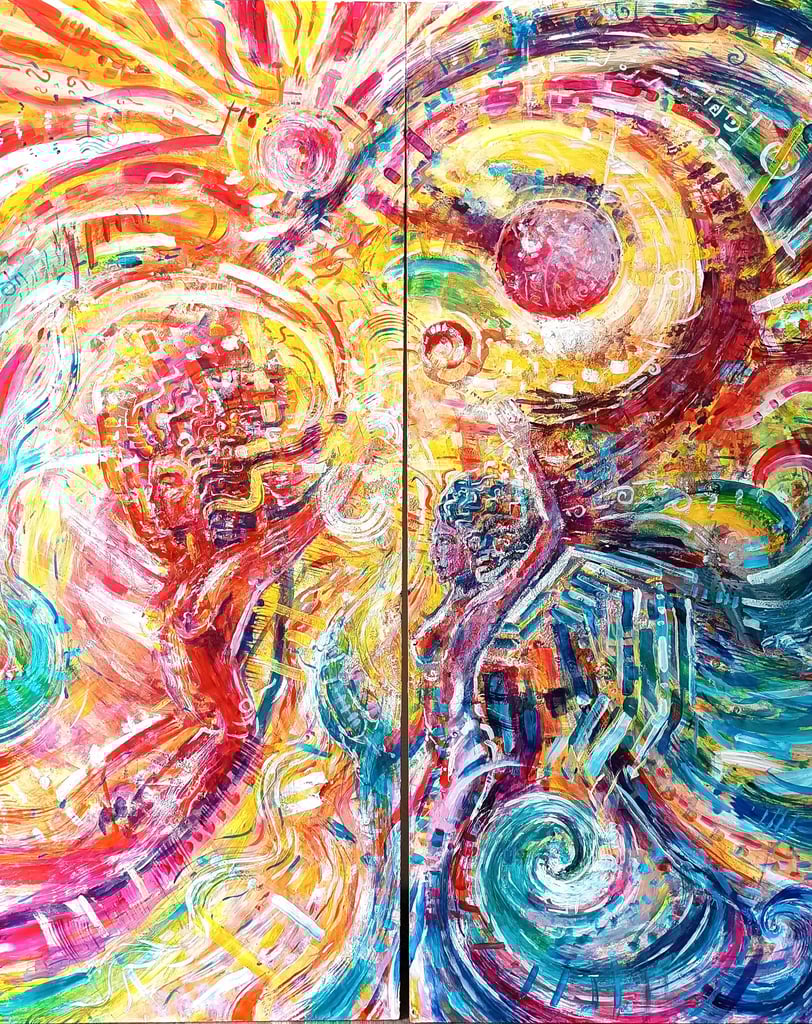 Transe en danse, un tableau en diptyque aux couleurs vives représentant des corps dansant et célébra