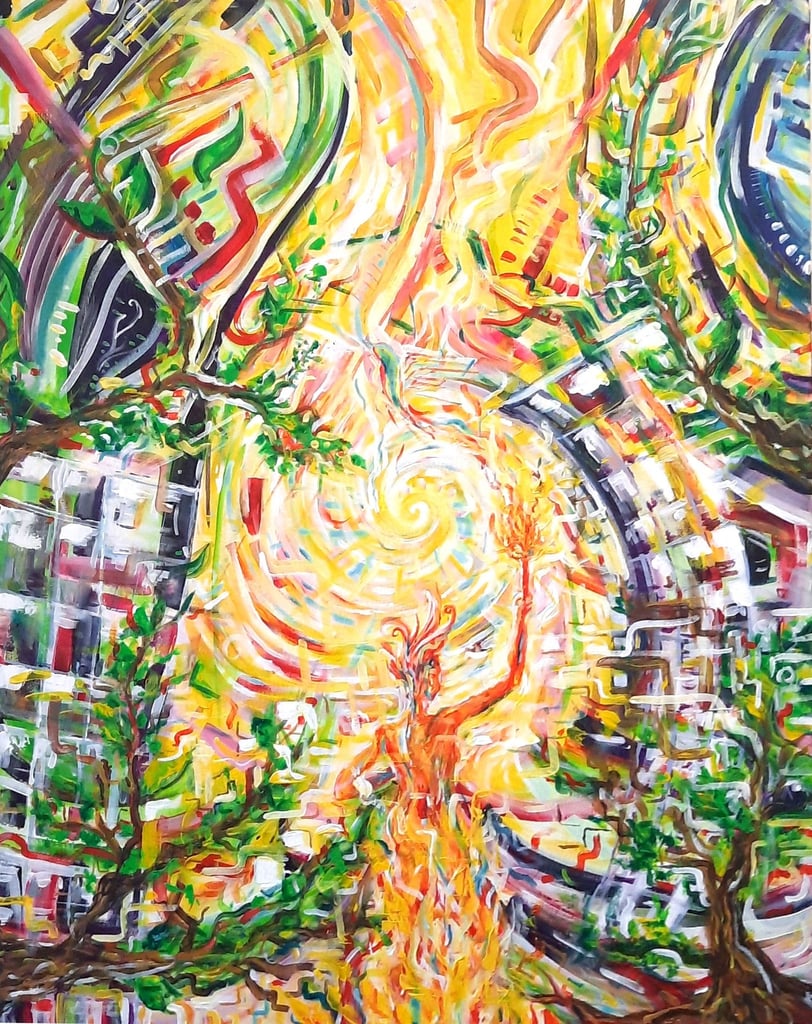 peinture acrylique aux couleurs vives avec un personnage central explorant une ville envahie par la végétation