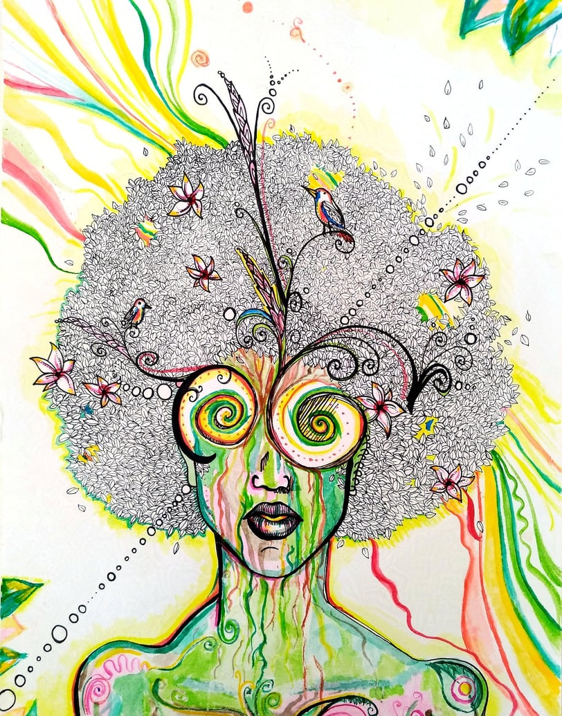 illustration représentant une femme avec psychédélie dans les yeux, et cheveux faits de feuillage