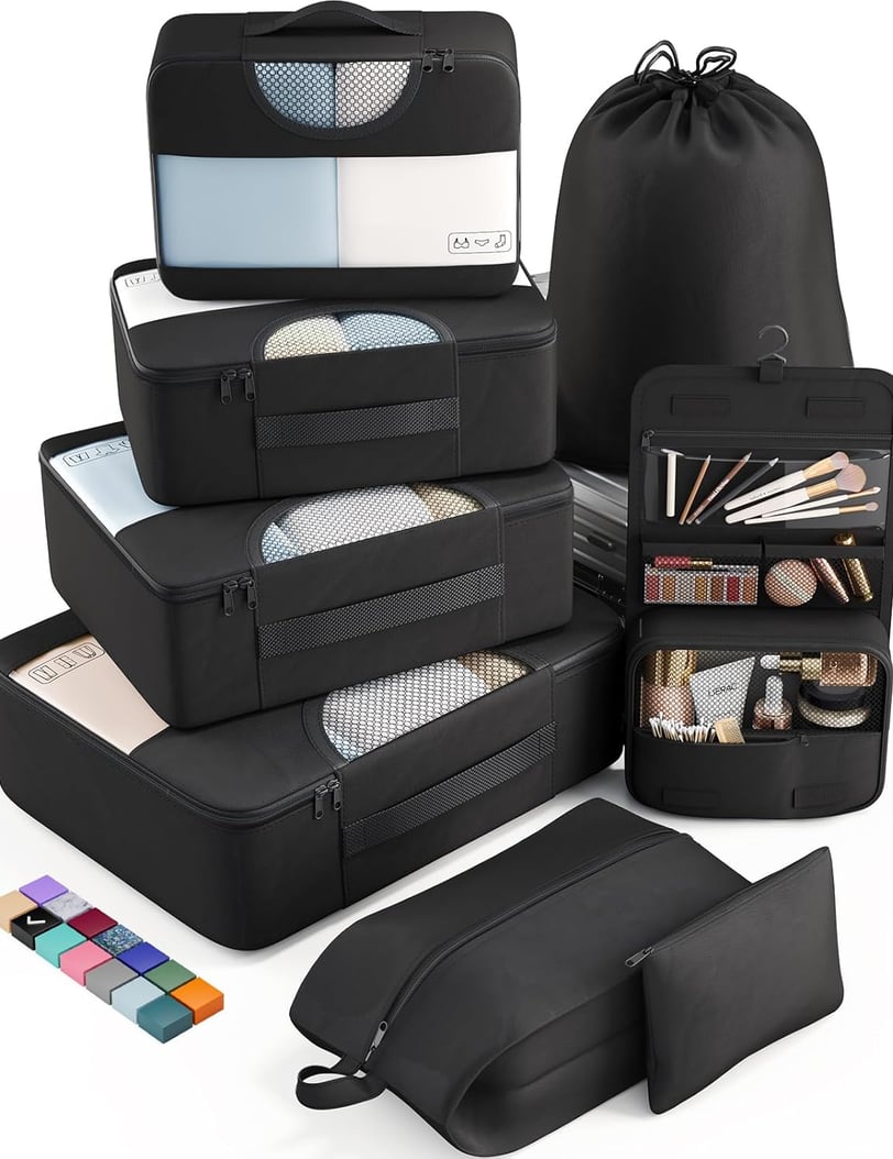 "Veken 8 Set Packing Cubes in various colors, neatly organized, showcasing efficient packing for tra