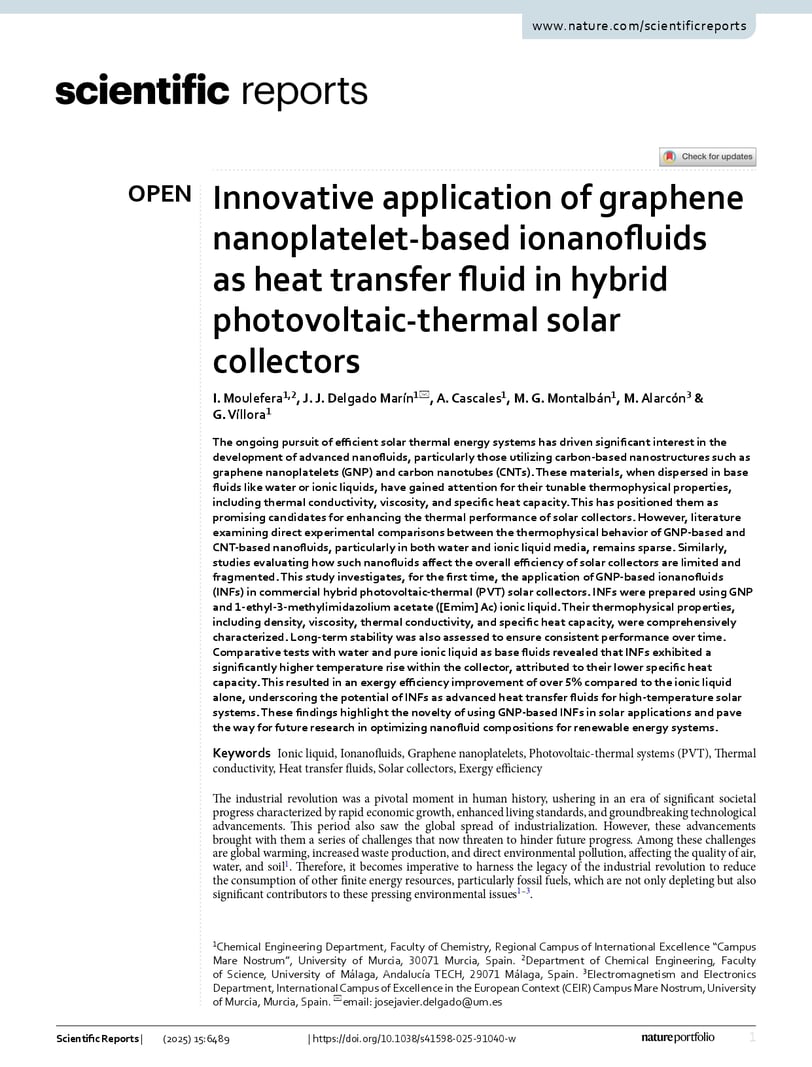  Innovative application of graphene nanoplatelet-based ionanofluids as heat transfer fluid in hybrid