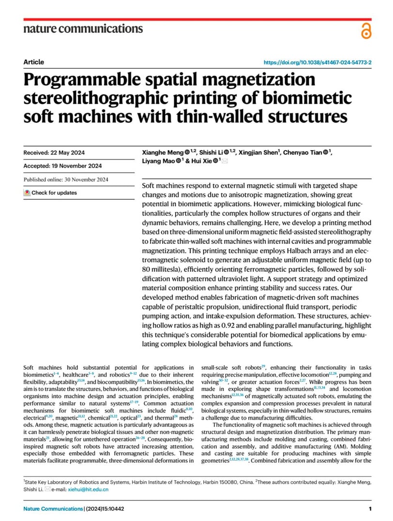 Programmable spatial magnetization stereolithographic printing of biomimetic soft machines with thin