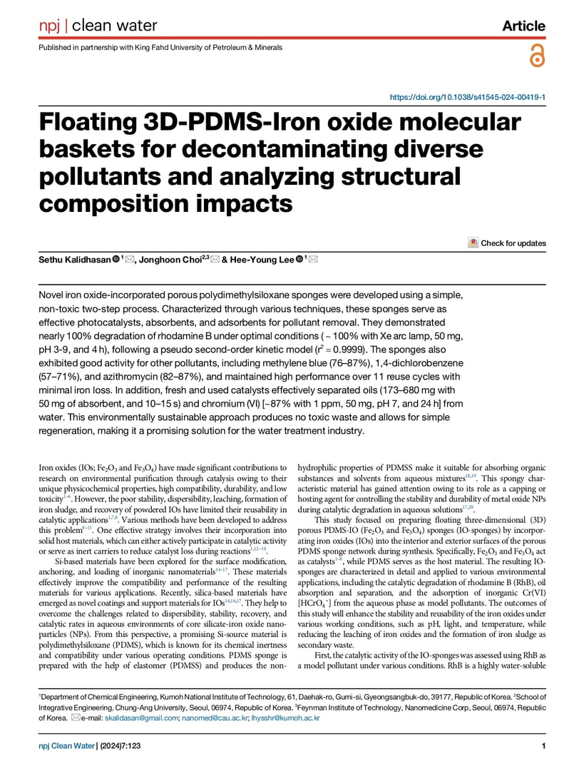 Floating 3D-PDMS-Iron oxide molecular baskets for decontaminating diverse pollutants and analyzing s