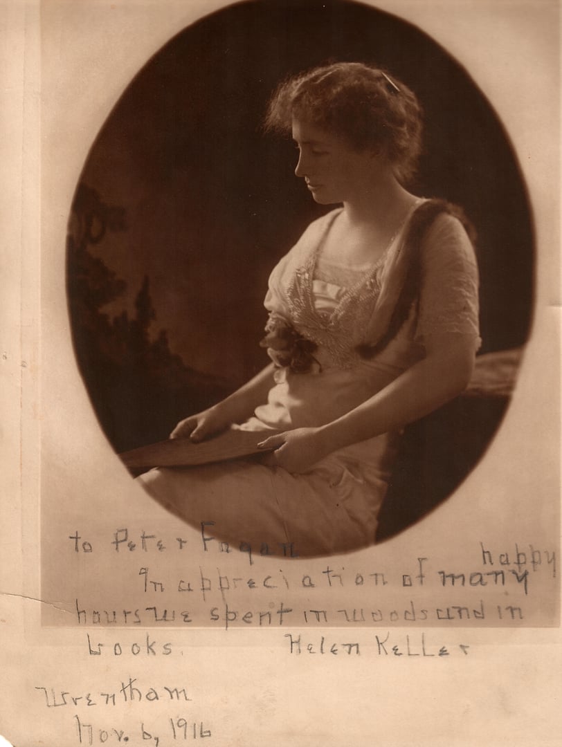 a photo and a short letter written by Helen Keller to Peter Fagan