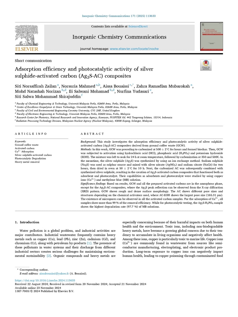 Adsorption efficiency and photocatalytic activity of silver sulphide-activated carbon (Ag2S-AC) comp