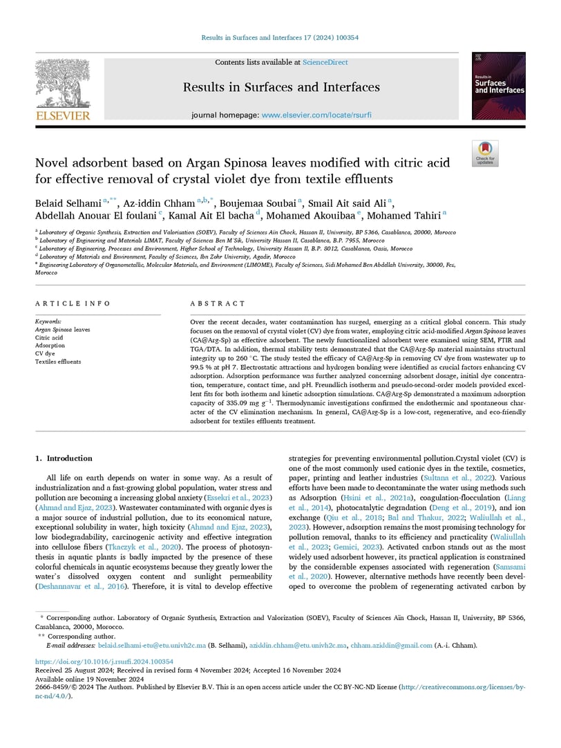 Novel adsorbent based on Argan Spinosa leaves modified with citric acid for effective removal of cry