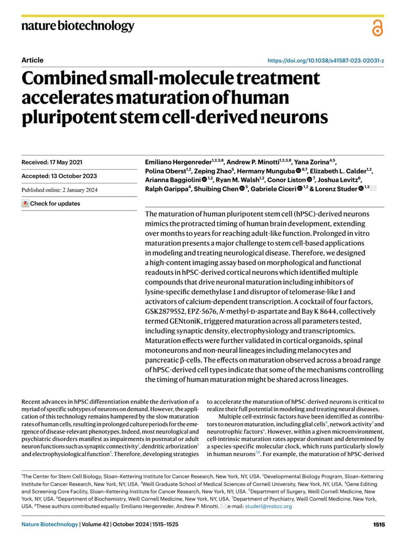 Combined small-molecule treatment accelerates maturation of human pluripotent stem cell-derived neur