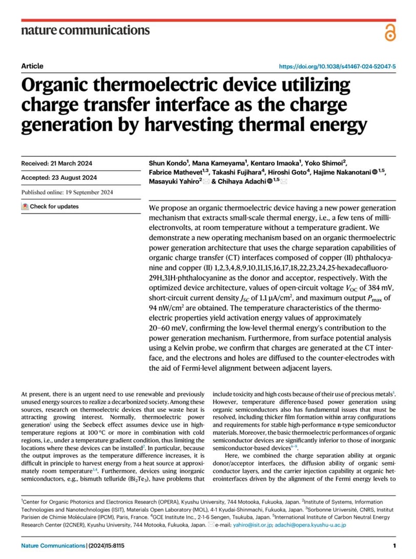 Organic thermoelectric device utilizing charge transfer interface as the charge generation by harves